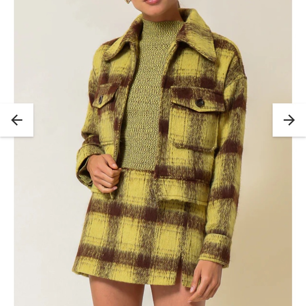 Line & Dot Yellow Brown Plaid Jacket Skirt Set